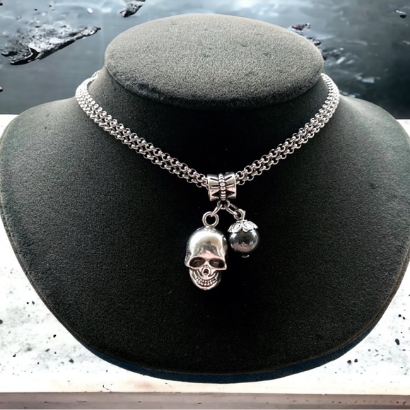 Double chain adjustable skull & hematite necklace - Picture 1 of 9
